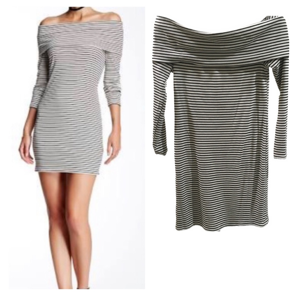 STRIPPED SOCIALITE OFF SHOULDER BLACK AND IVORY  BODY CON MINI DRESS